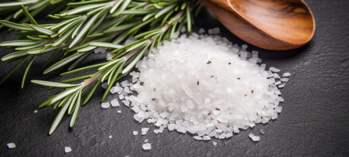 Ein kleiner Haufen salz liegt neben Rosmarin und einem Holzlöffel auf schwarzem stein